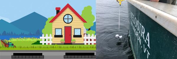 Drawing of a house and lawnmower and the research boat Melosira